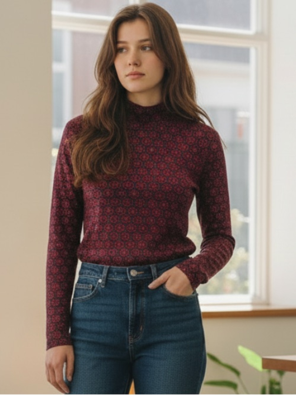 Charter Club Red and Black Patterned Turtleneck Top